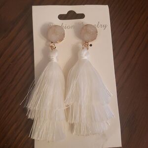 White Stone Tassle Earrings